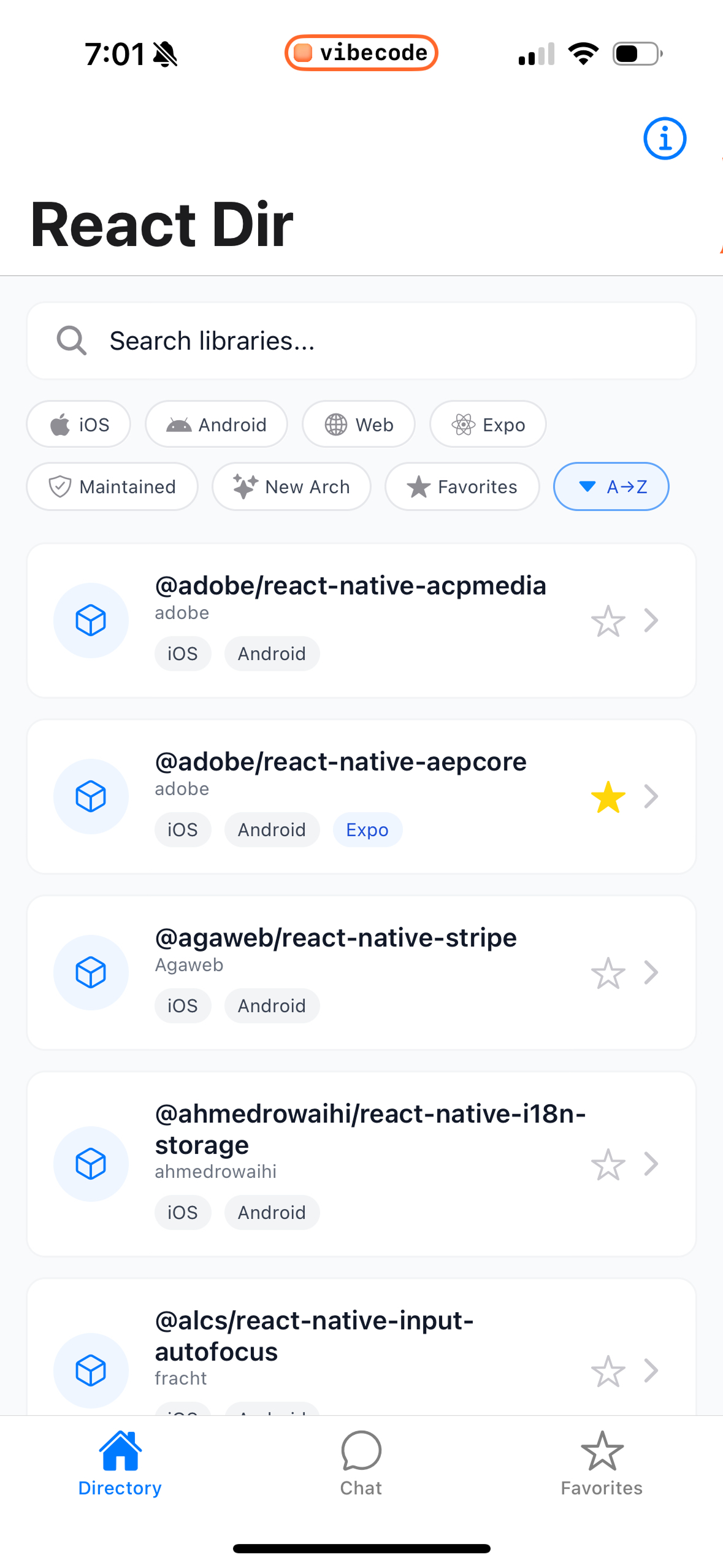 React Dir mobile app screenshots showing directory of React Native libraries