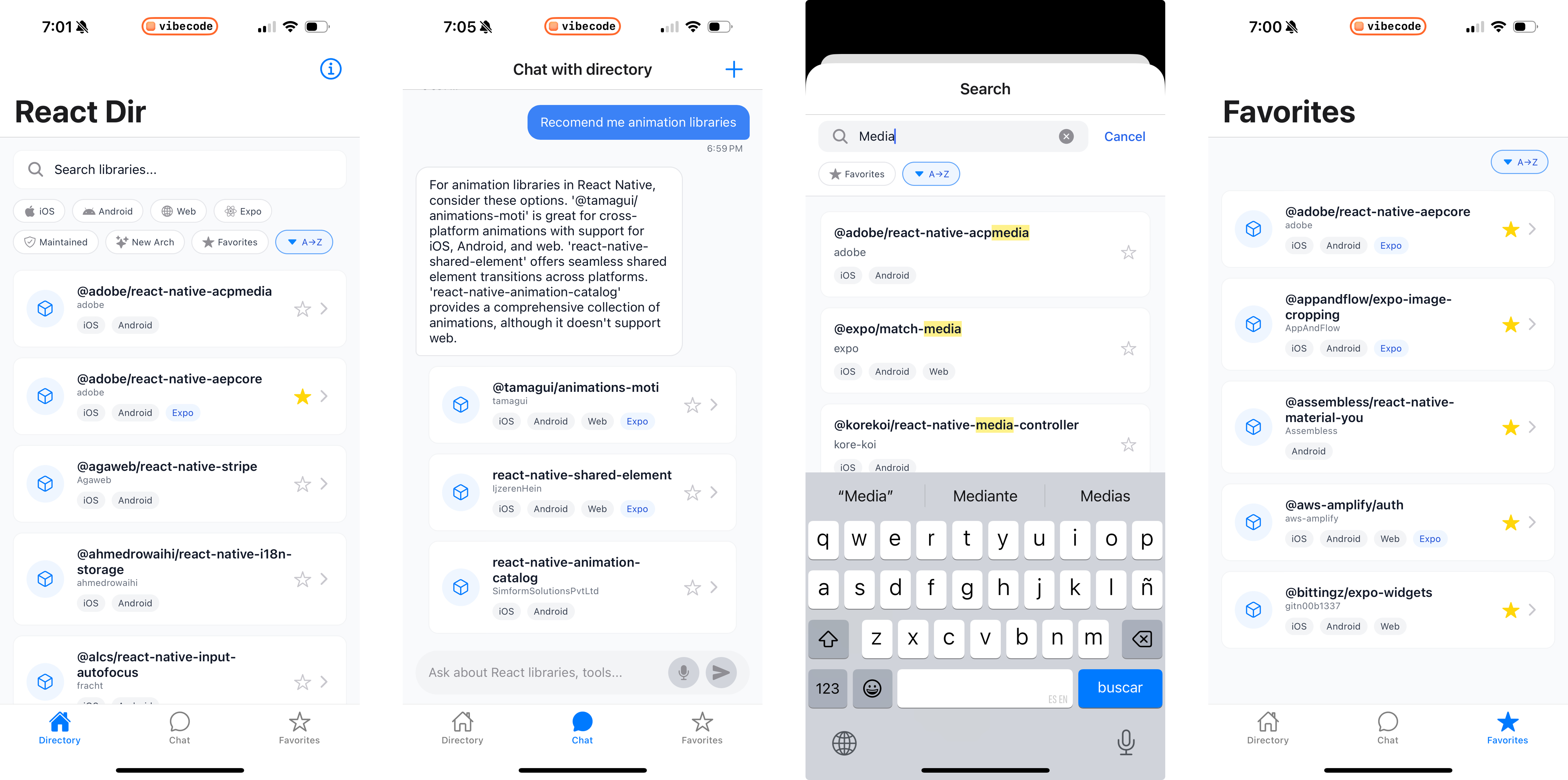 React Dir mobile app screenshots showing directory of React Native libraries